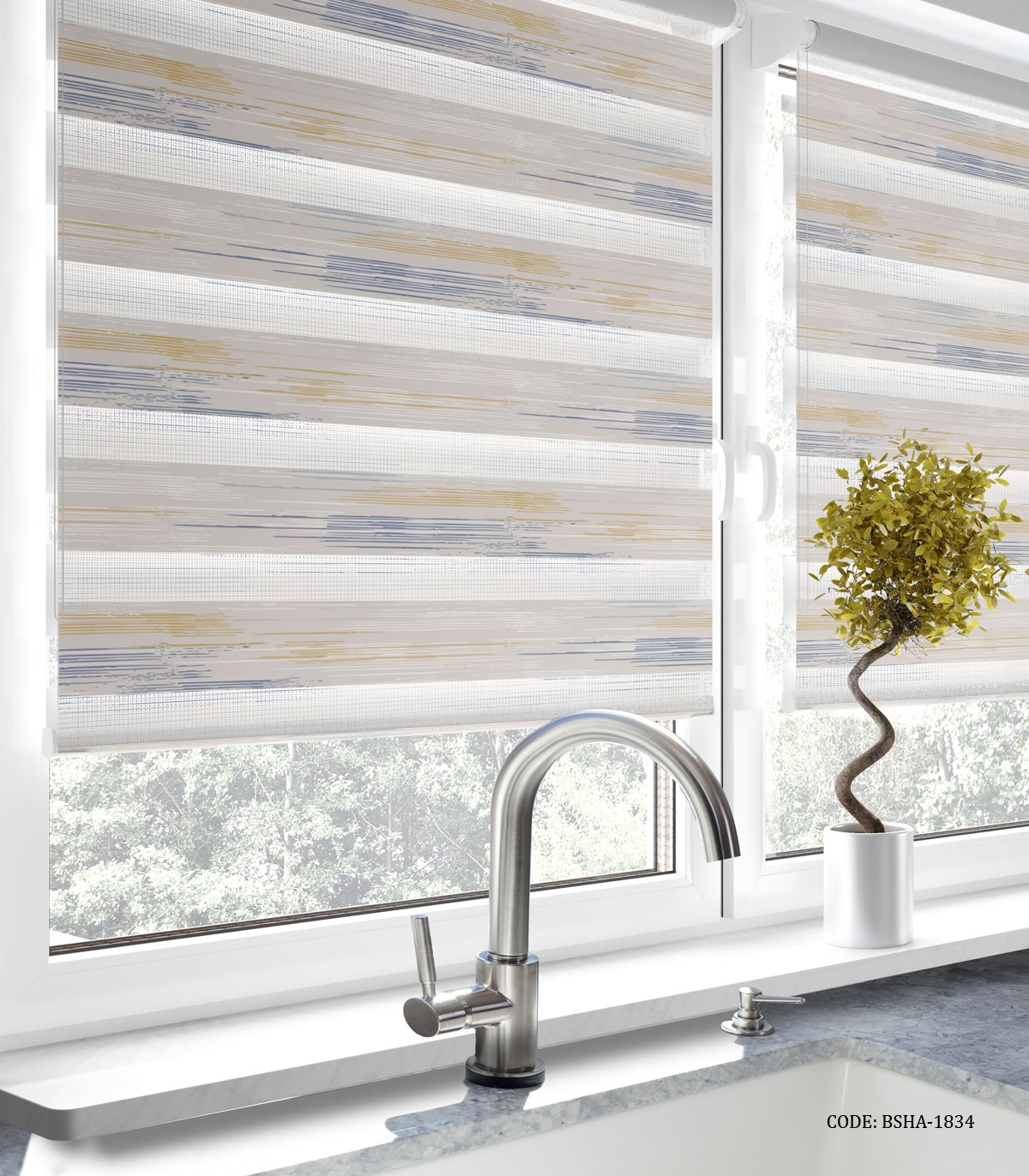 پرده زبرا آشپزخانه طرح پتینه آبی طلایی زمینه طوسی