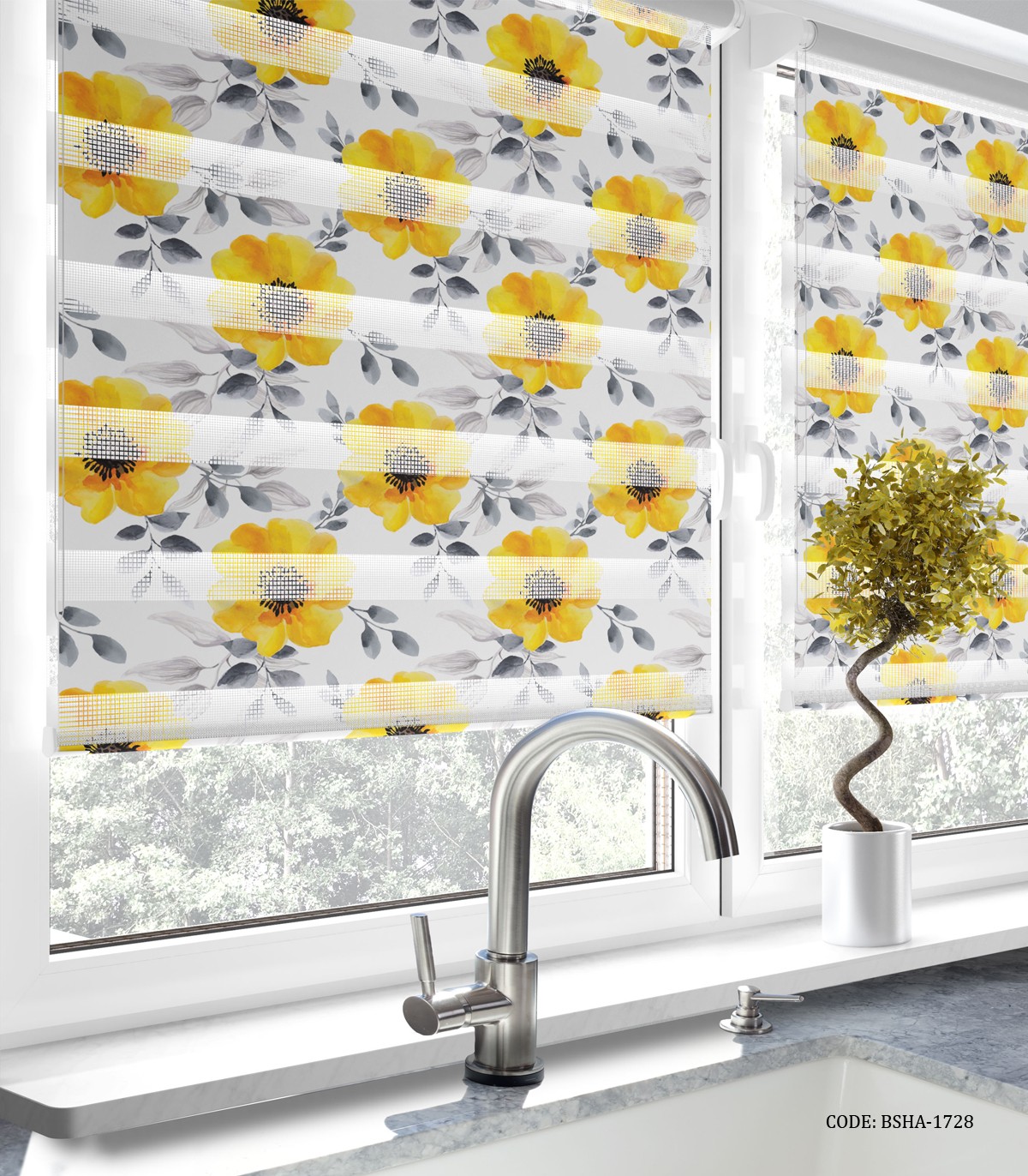 پرده زبرا آشپزخانه طرح گل های زرد