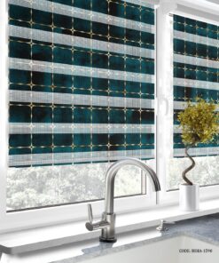 پرده زبرا آشپزخانه طرح مربعی سبز طلایی