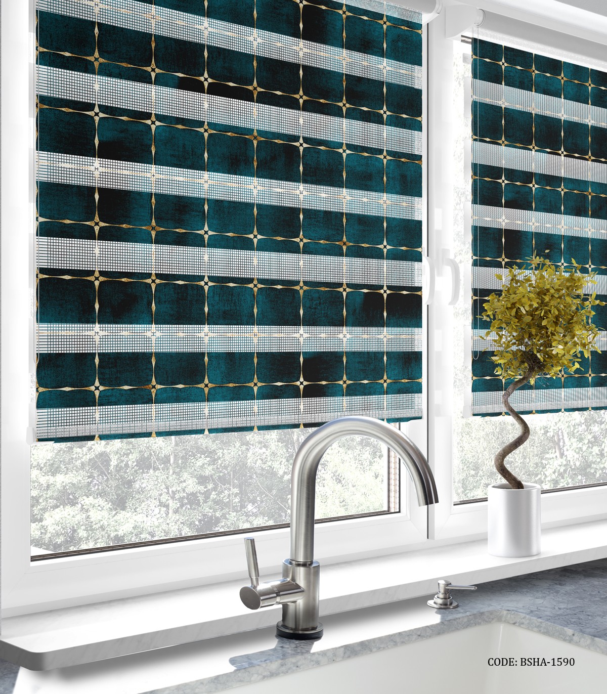 پرده زبرا آشپزخانه طرح مربعی سبز طلایی