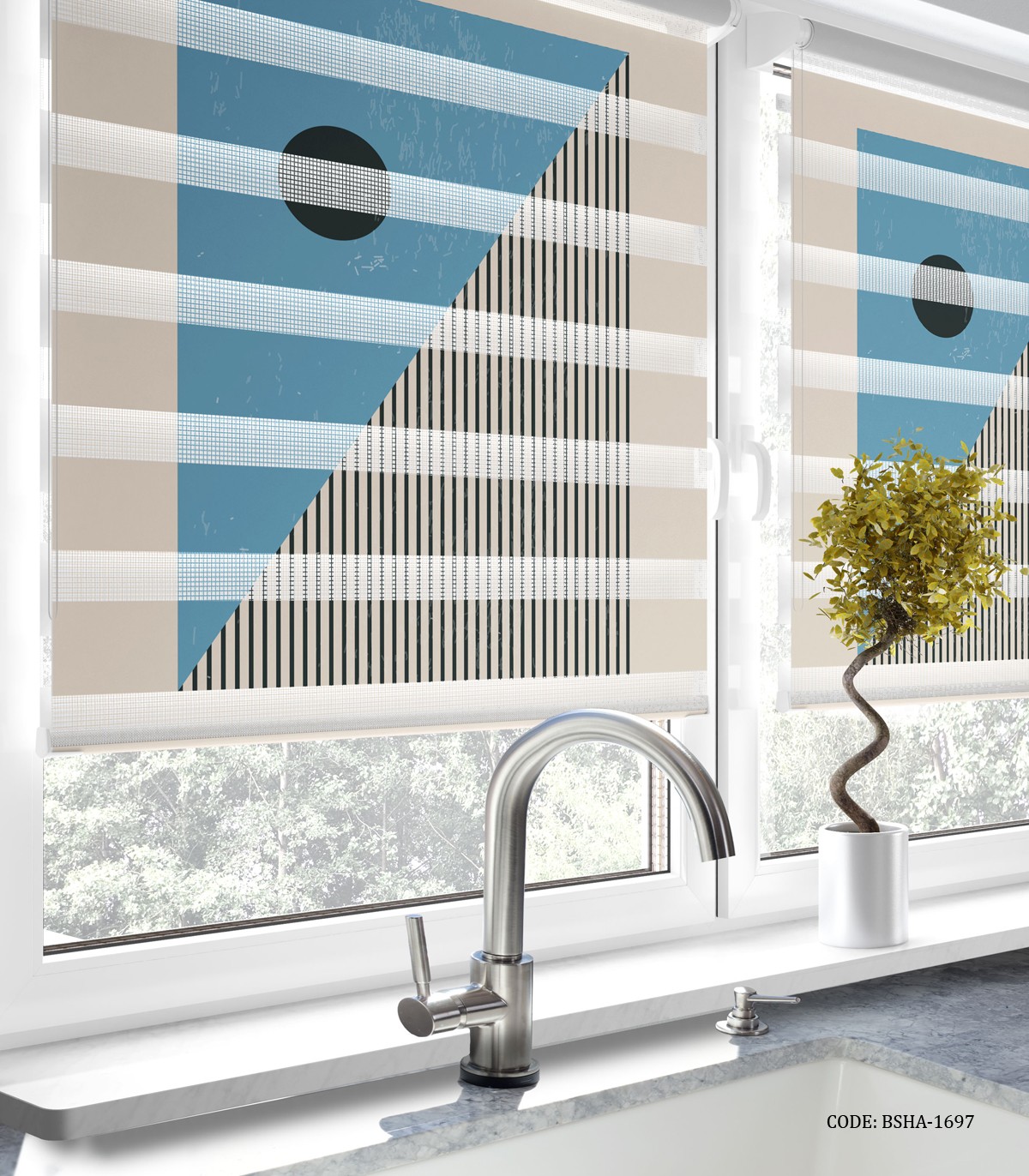 پرده زبرا آشپزخانه طرح طوسی آبی رهام