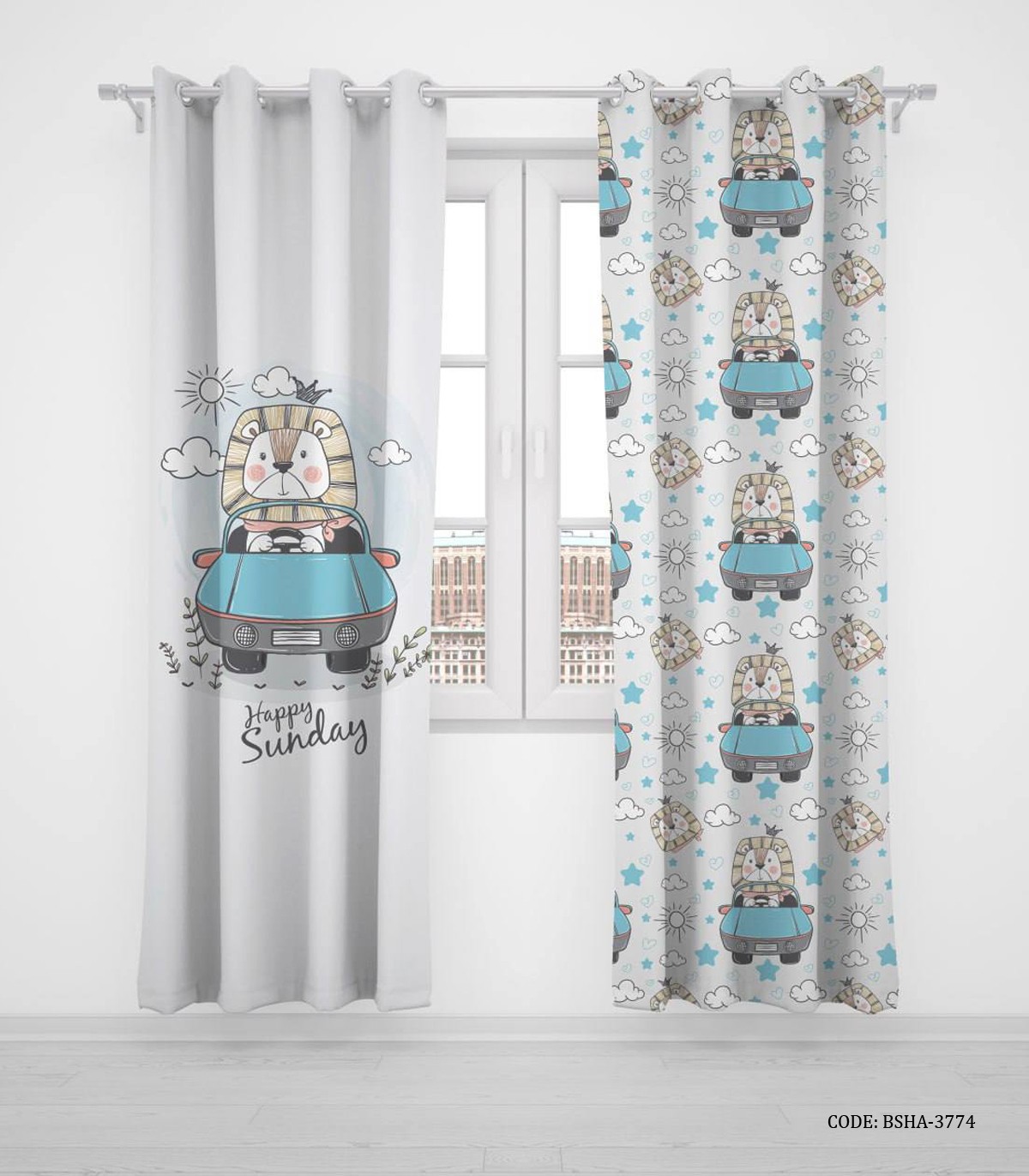 پرده پانچی دو تکه اتاق کودک پسرانه طرح شیر مدل Happy Sunday