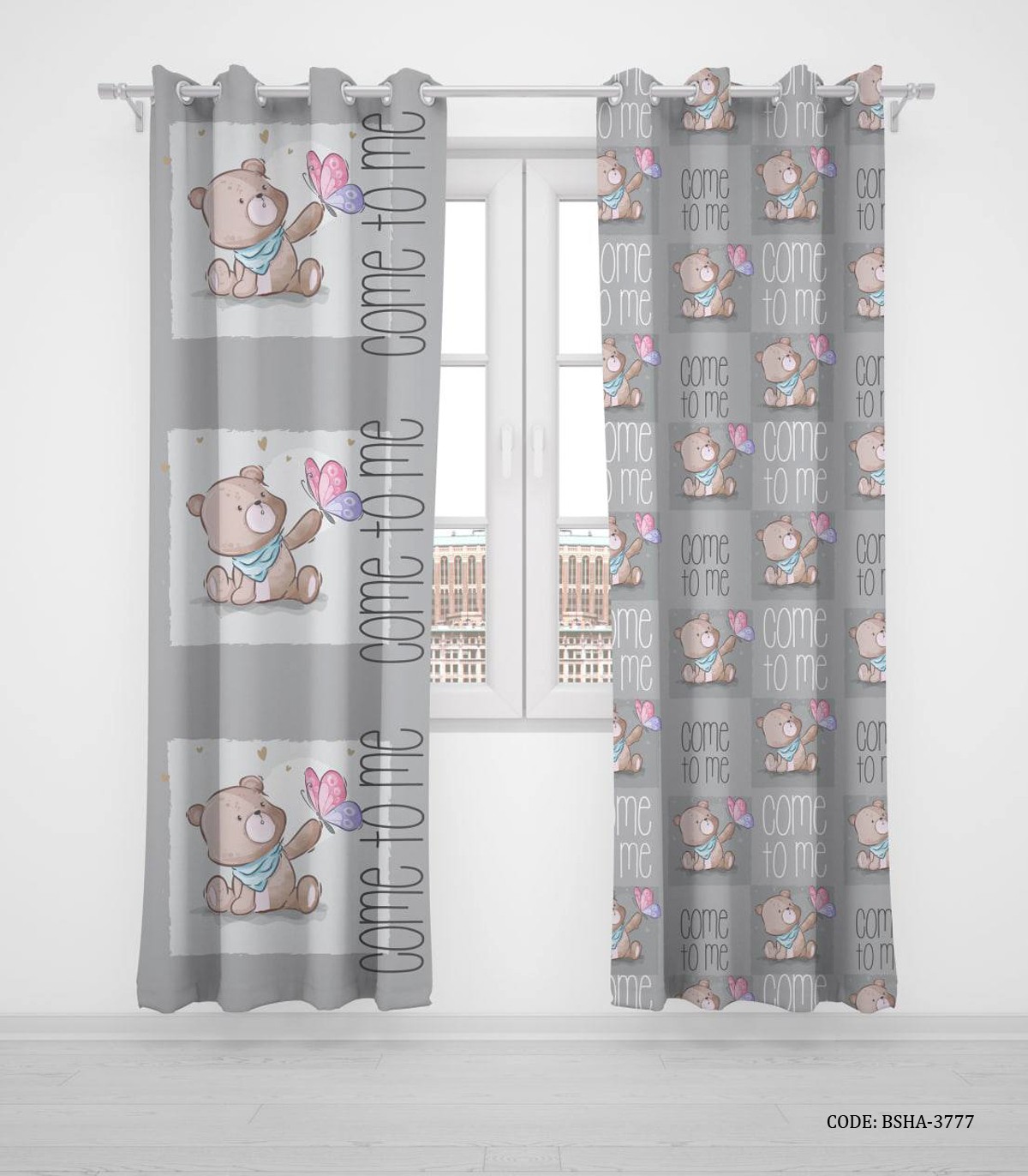 پرده پانچی دو تکه اتاق کودک پسرانه طرح خرس مدل Come to me