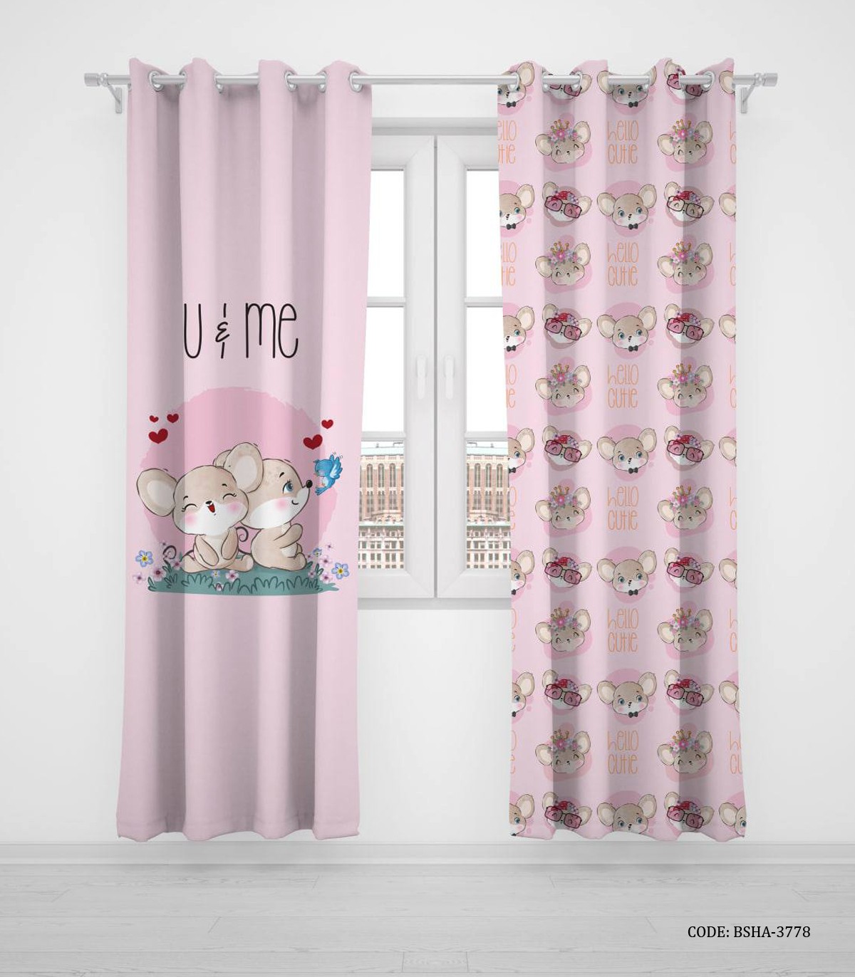 پرده پانچی دو تکه اتاق دخترانه طرح خرگوش مدل U Love Me