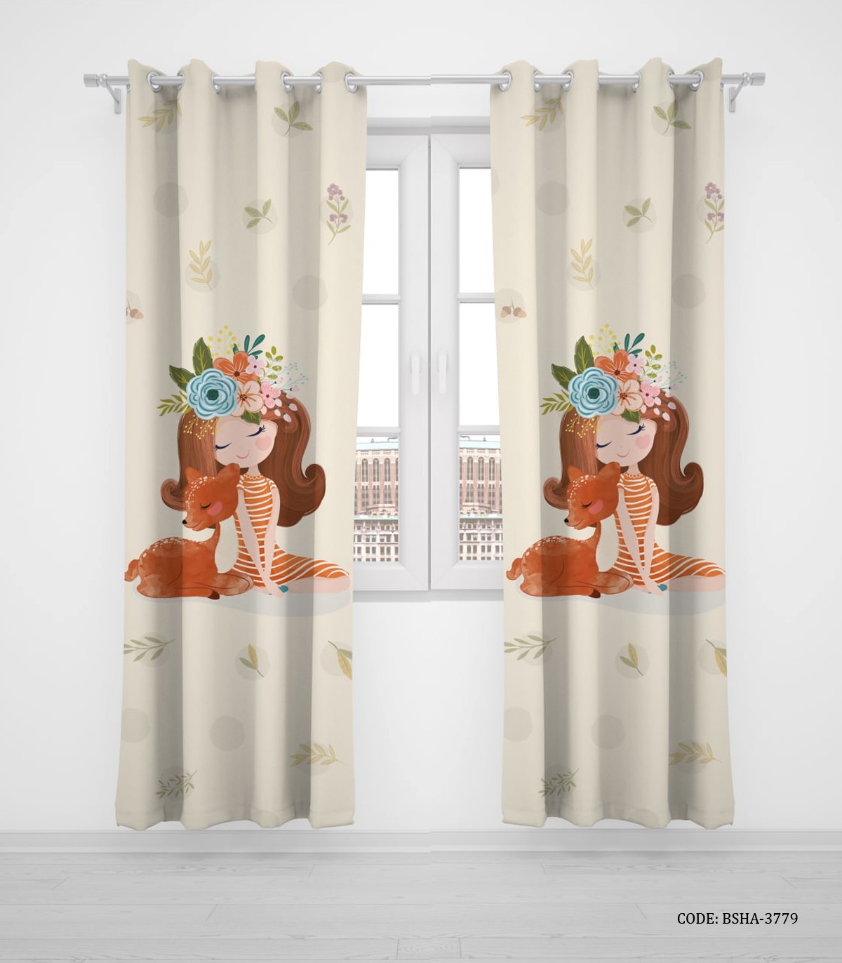 پرده پانچی دو تکه اتاق دخترانه طرح دختر و آهو مدل Plain