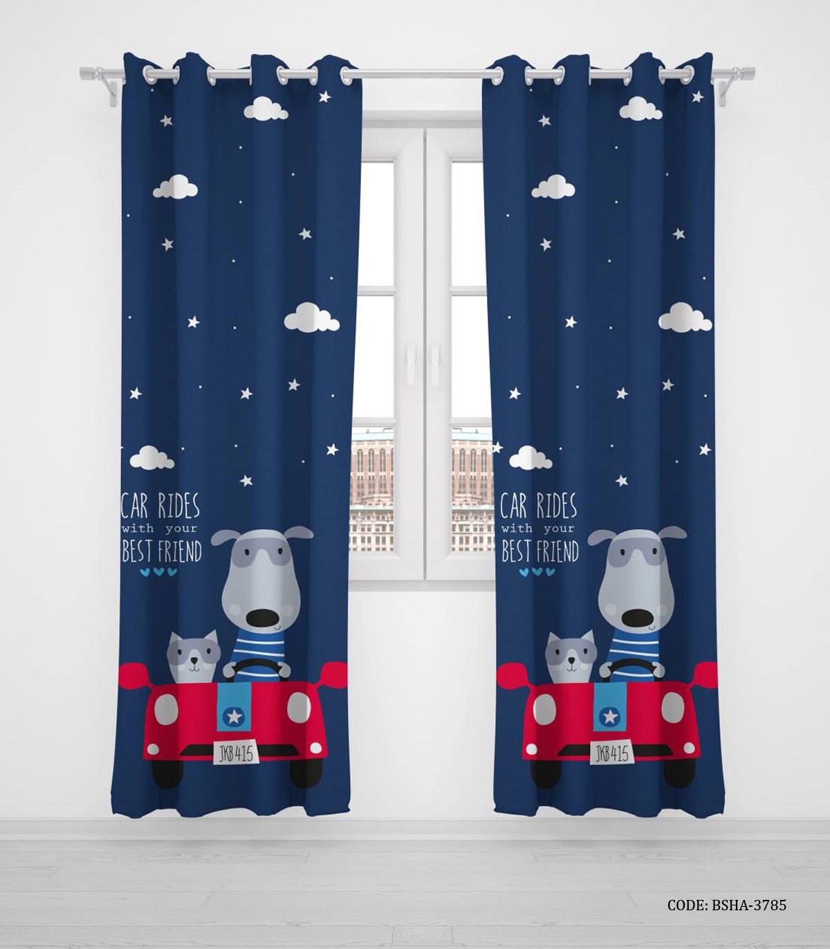 پرده پانچی دو تکه اتاق پسرانه طرح سگ و گربه مدل Drive with Best Friends