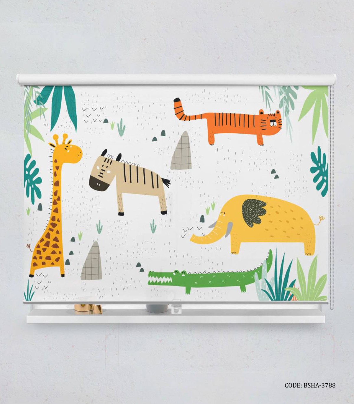پرده شید اتاق پسرانه طرح ببر و  زرافه و فیل مدل In the Jungle