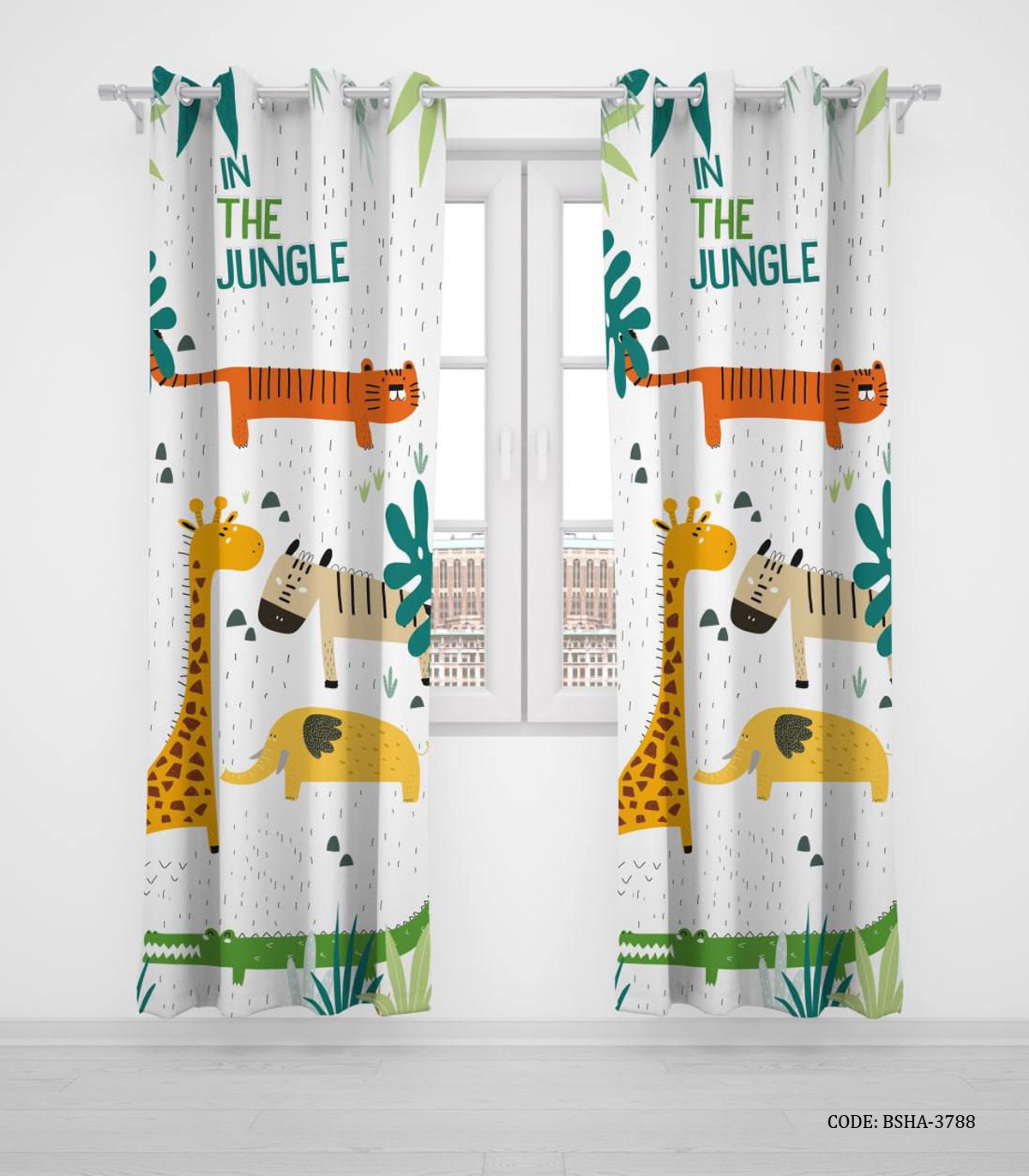پرده پانچی دو تکه اتاق پسرانه طرح ببر و زرافه و فیل مدل In the Jungle