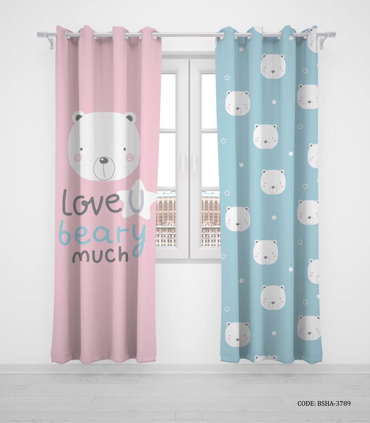 پرده پانچی دو تکه اتاق پسرانه طرح خرس سفید  مدل beary much