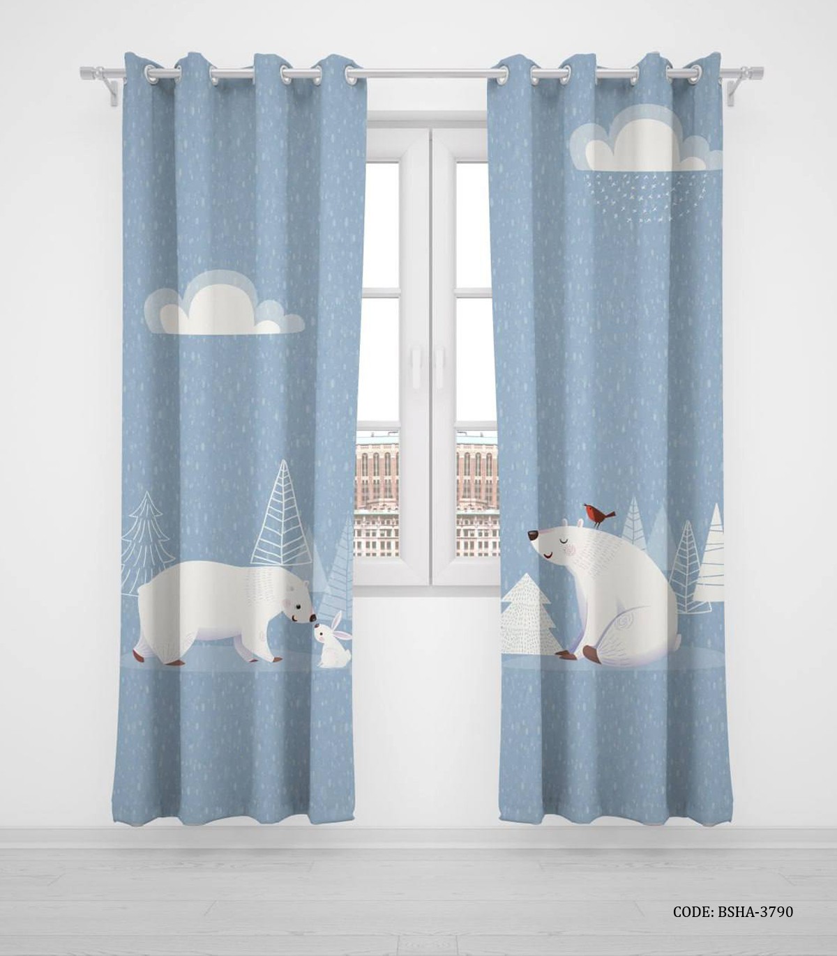 پرده پانچی دو تکه اتاق پسرانه طرح خرس قطبی و خرگوش سفید مدل In the Pole