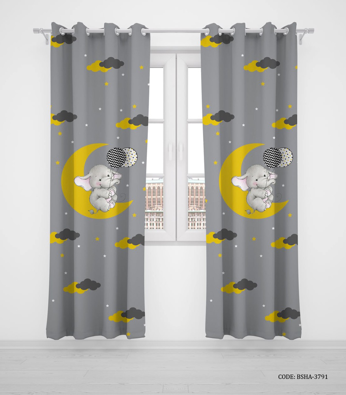 پرده پانچی دو تکه اتاق پسرانه طرح فیل و ماه مدل Elphi in the Moon
