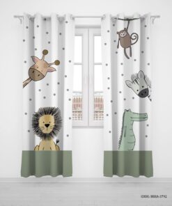 پرده پانچی دو تکه اتاق پسرانه طرح شیر و زرافه و اسب آبی مدل King of jungle