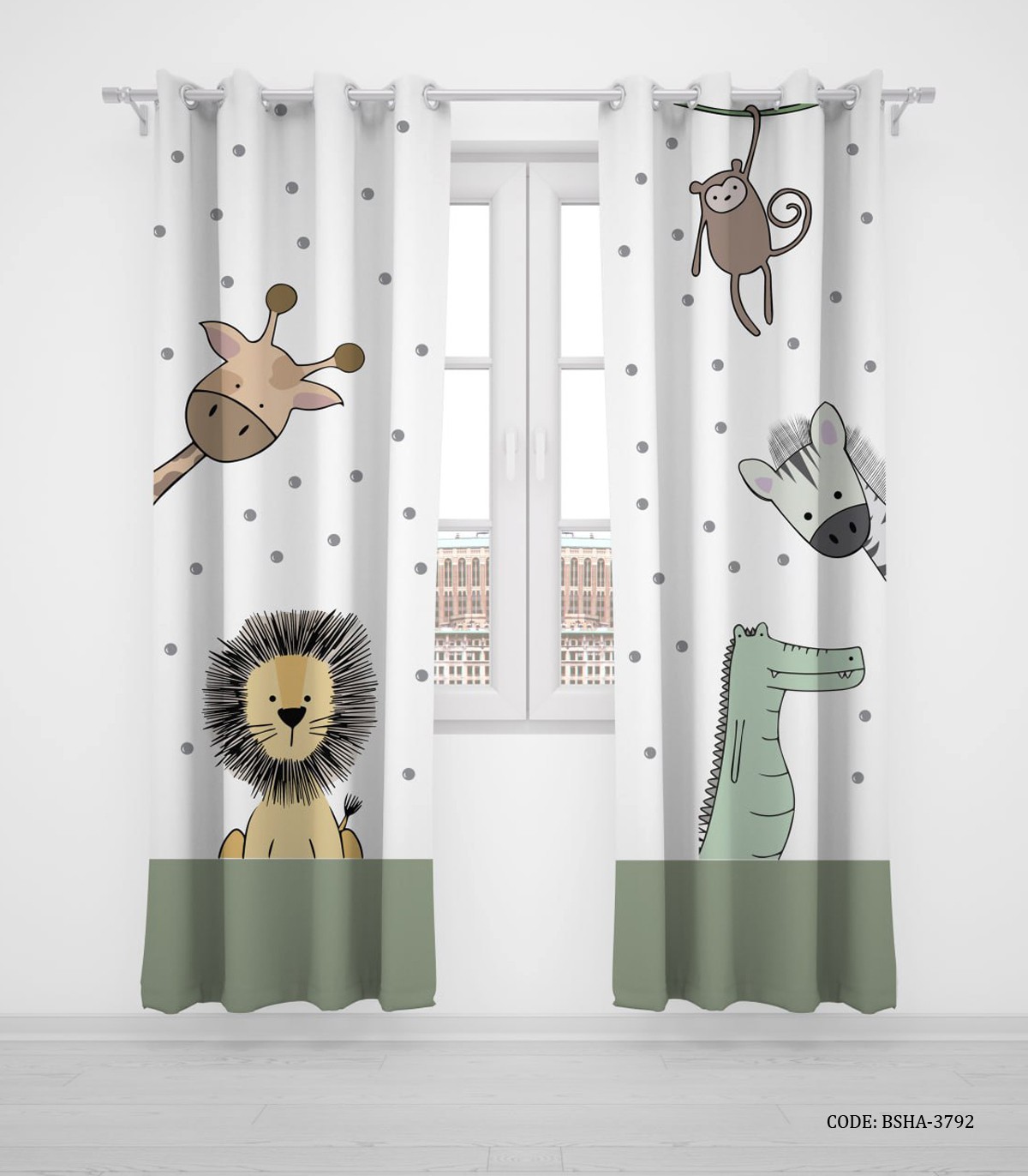 پرده پانچی دو تکه اتاق پسرانه طرح شیر و زرافه و اسب آبی مدل King of jungle
