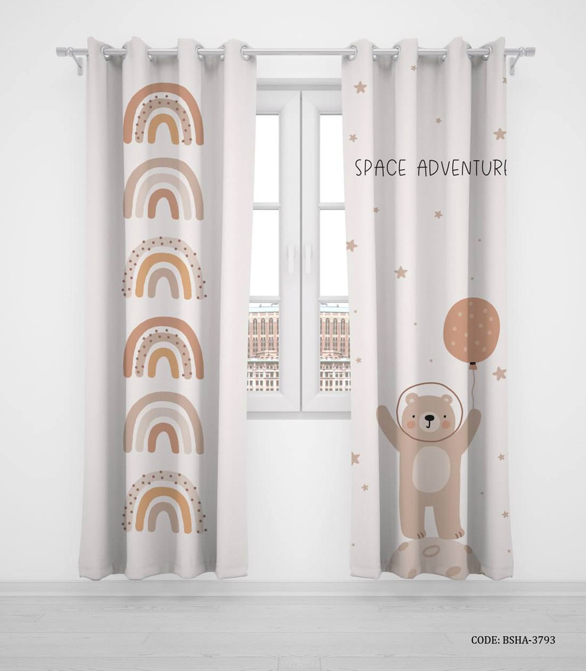 پرده پانچی دو تکه اتاق پسرانه طرح خرس قهوه ای  مدل Space Adventure