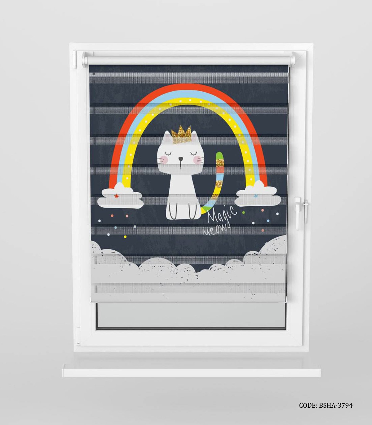 پرده زبرا اتاق دخترانه طرح گربه و رنگین کمان مدل Magic Meow