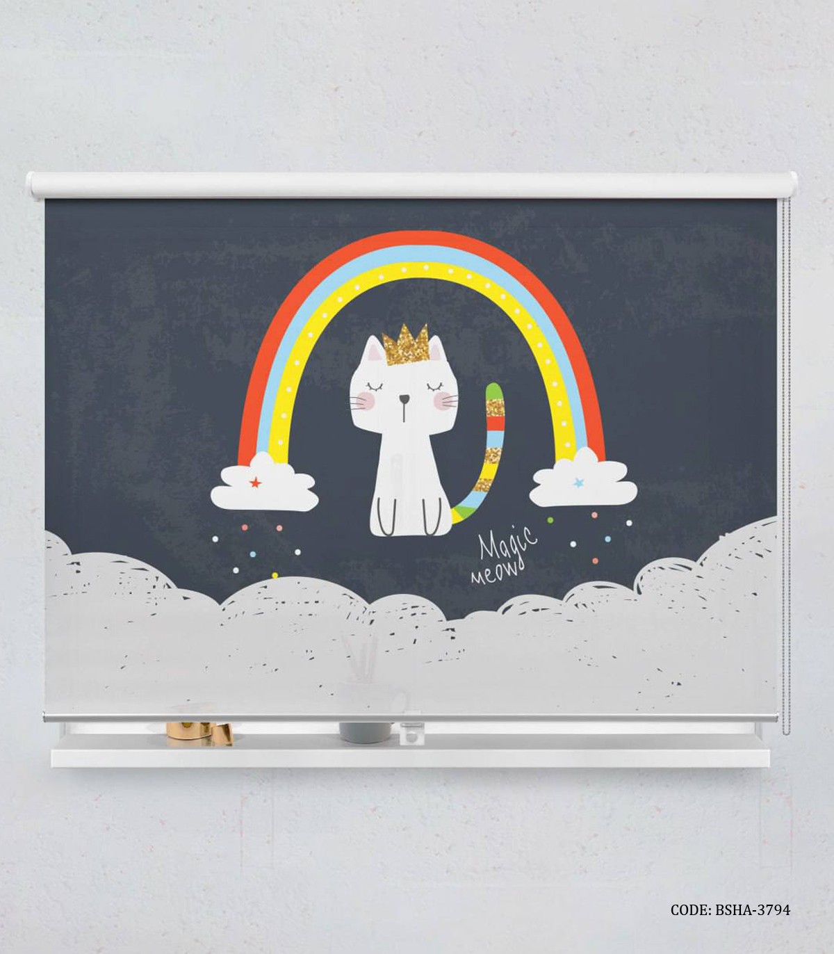 پرده شید اتاق دخترانه طرح گربه و رنگین کمان مدل Magic Meow