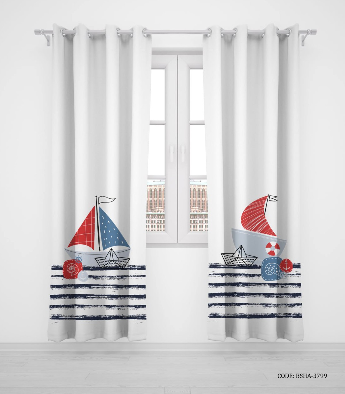 پرده پانچی دو تکه اتاق پسرانه طرح قایق ملوانی مدل Sailor