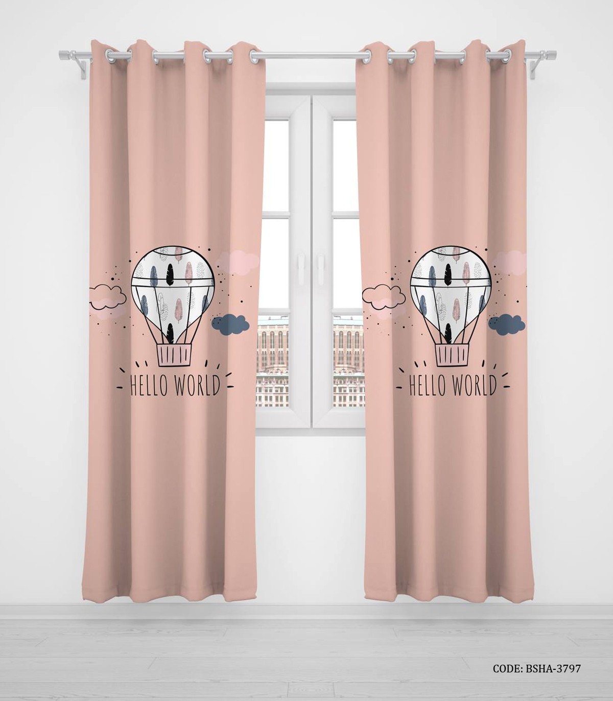 پرده پانچی دو تکه اتاق دخترانه طرح بالون مدل Hello World