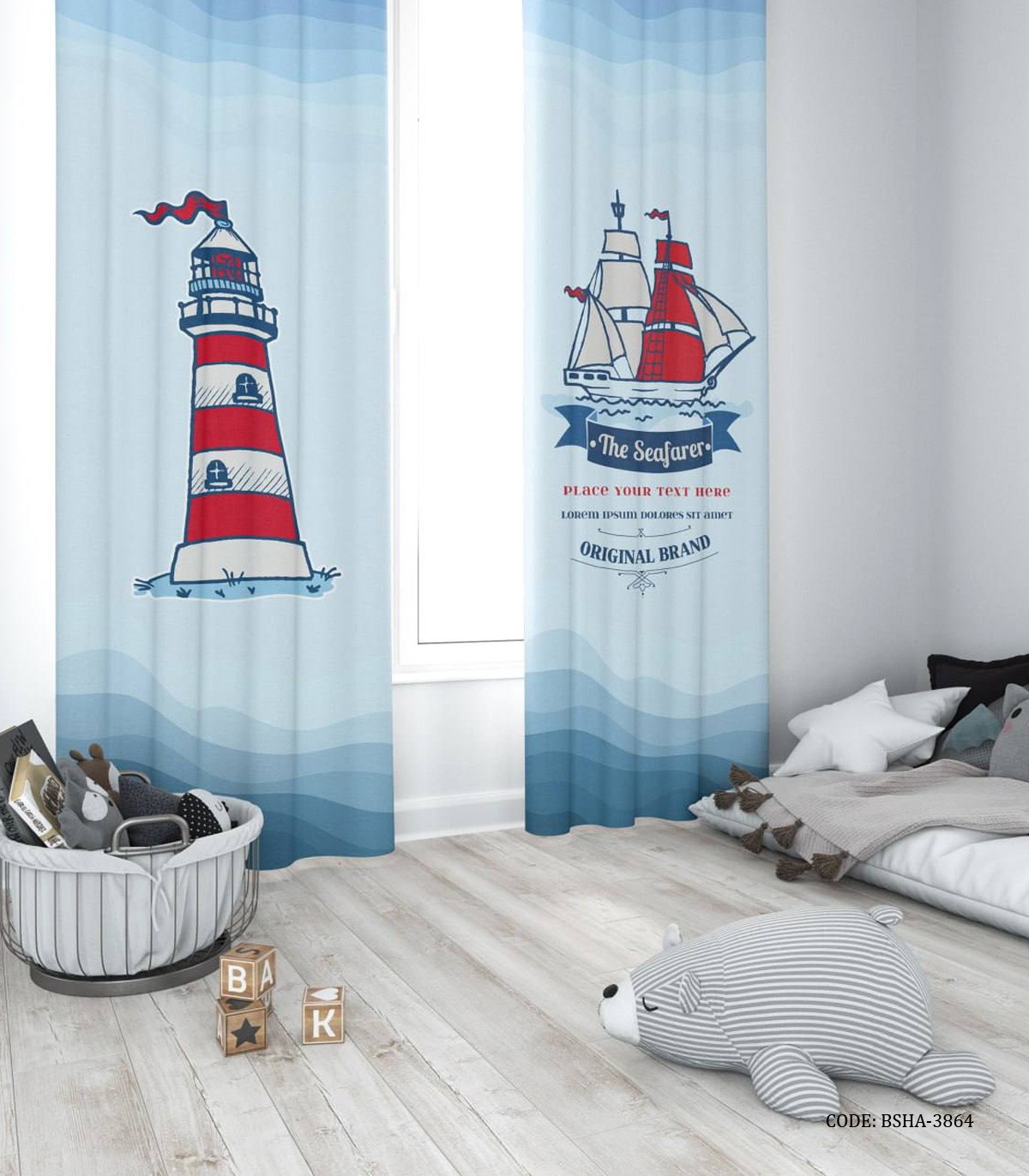پرده پانچی دو تکه اتاق پسرانه طرح ملوانی مدل Seafarer