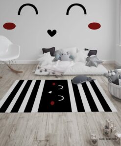 فرش اتاق نوجوان سفید مشکی طرح لبخند مدل Smile