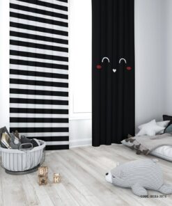 پرده پانچی دو تکه اتاق نوجوان سفید مشکی طرح لبخند مدل Smile