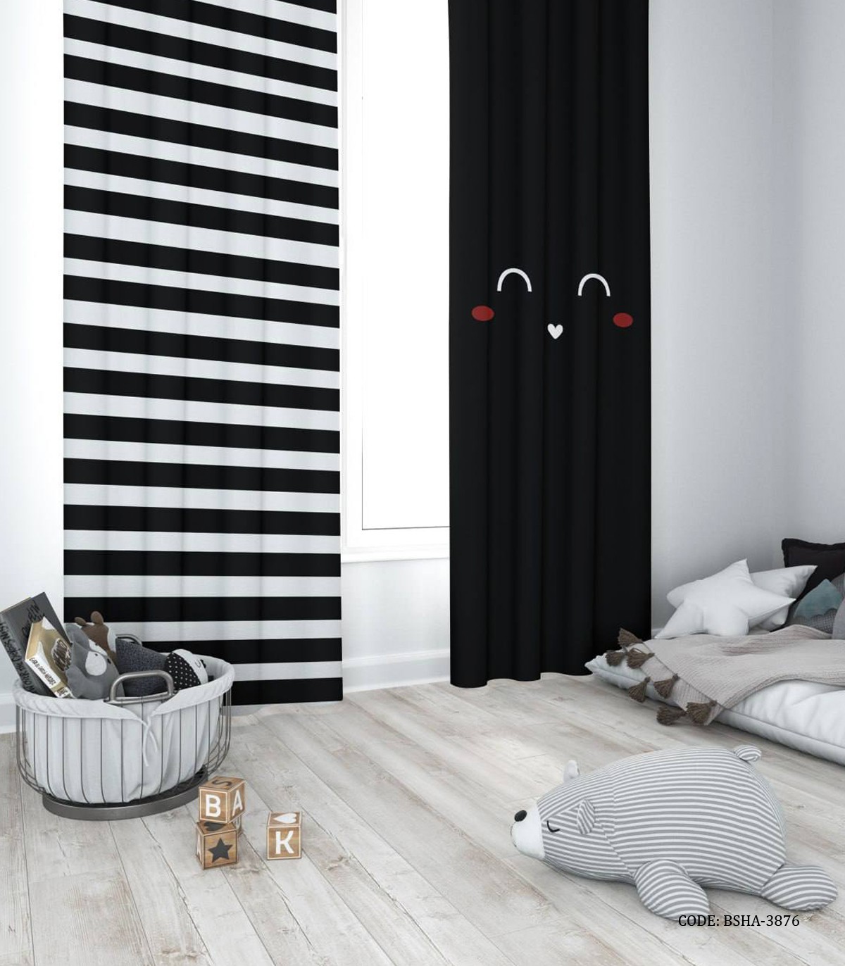 پرده پانچی دو تکه اتاق نوجوان سفید مشکی طرح لبخند مدل Smile