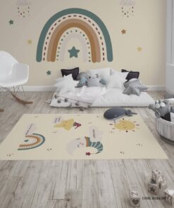 فرش اتاق دخترانه طرح رنگین کمانی مدل Hello Sunshine