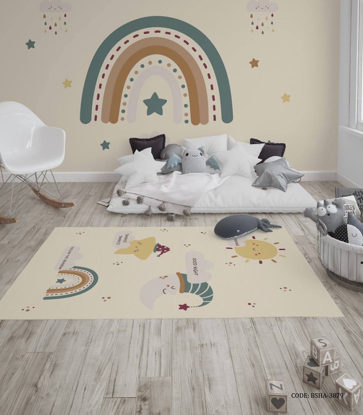 فرش اتاق دخترانه طرح رنگین کمانی مدل Hello Sunshine