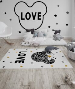 فرش اتاق دخترانه طرح میکی موس سفید مشکی مدل Love