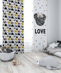  پرده پانچی دو تکه اتاق دخترانه طرح میکی موس سفید مشکی مدل Love