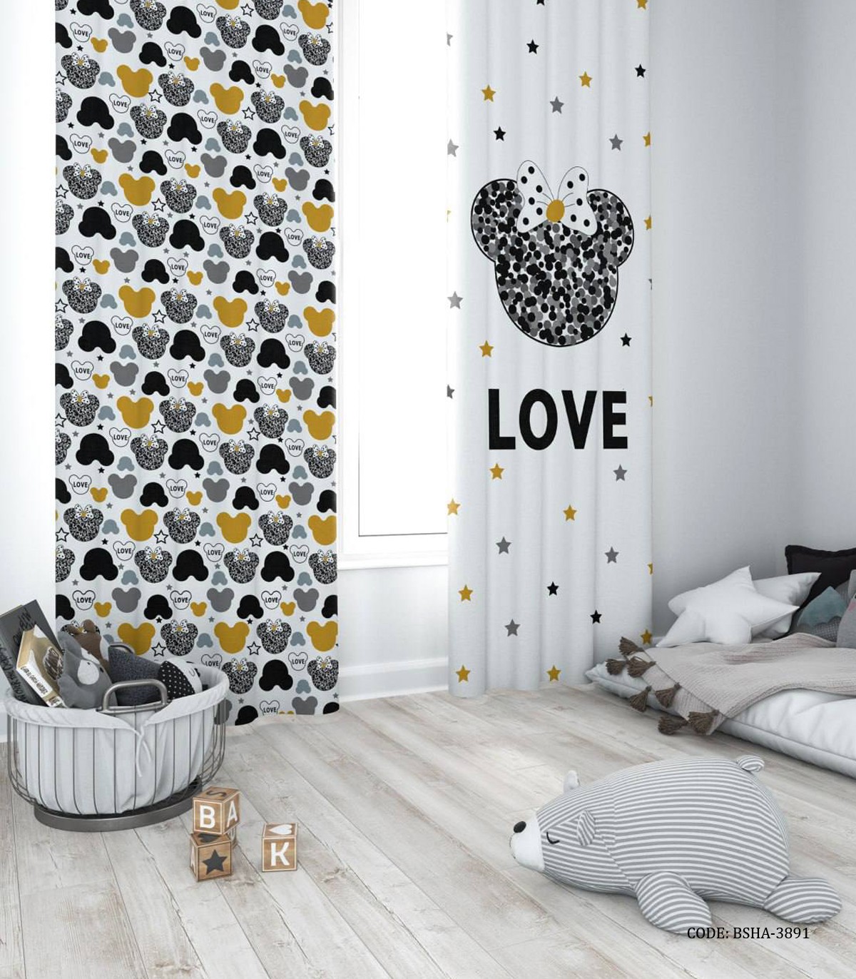پرده پانچی دو تکه اتاق دخترانه طرح میکی موس سفید مشکی مدل Love