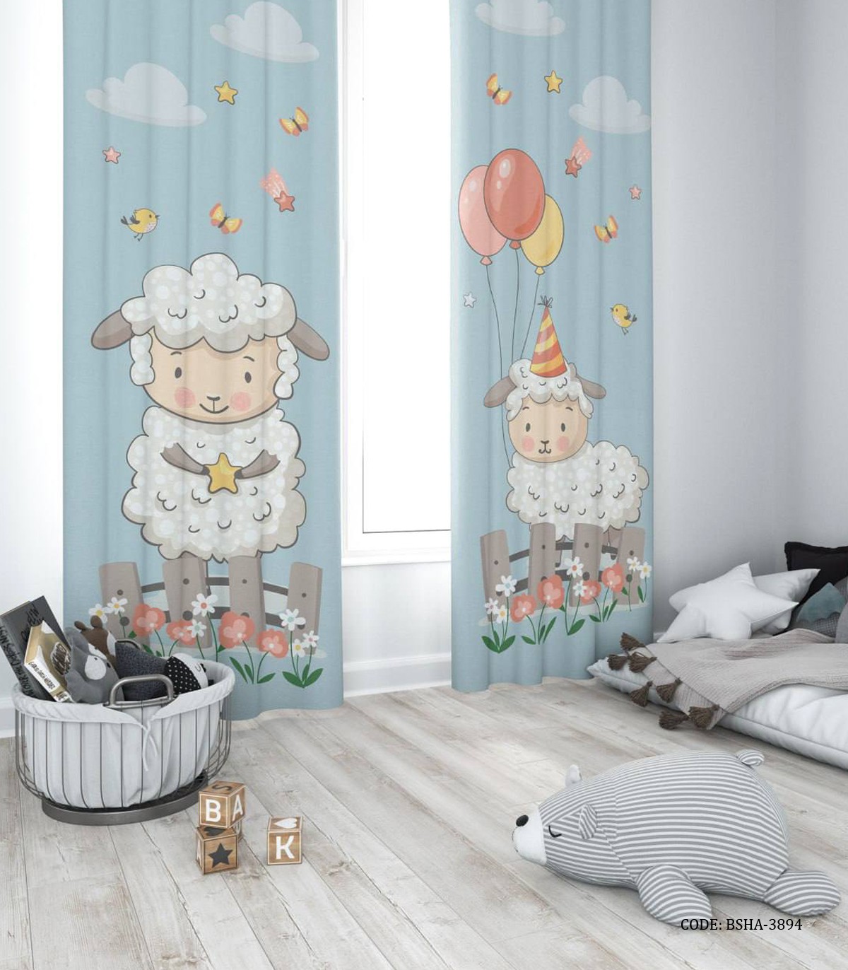 پرده پانچی دو تکه اتاق پسرانه طرح بره ناقلا مدل Lamb