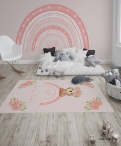 فرش اتاق دخترانه طرح خرس و رنگین کمان مدل Sweet Lady