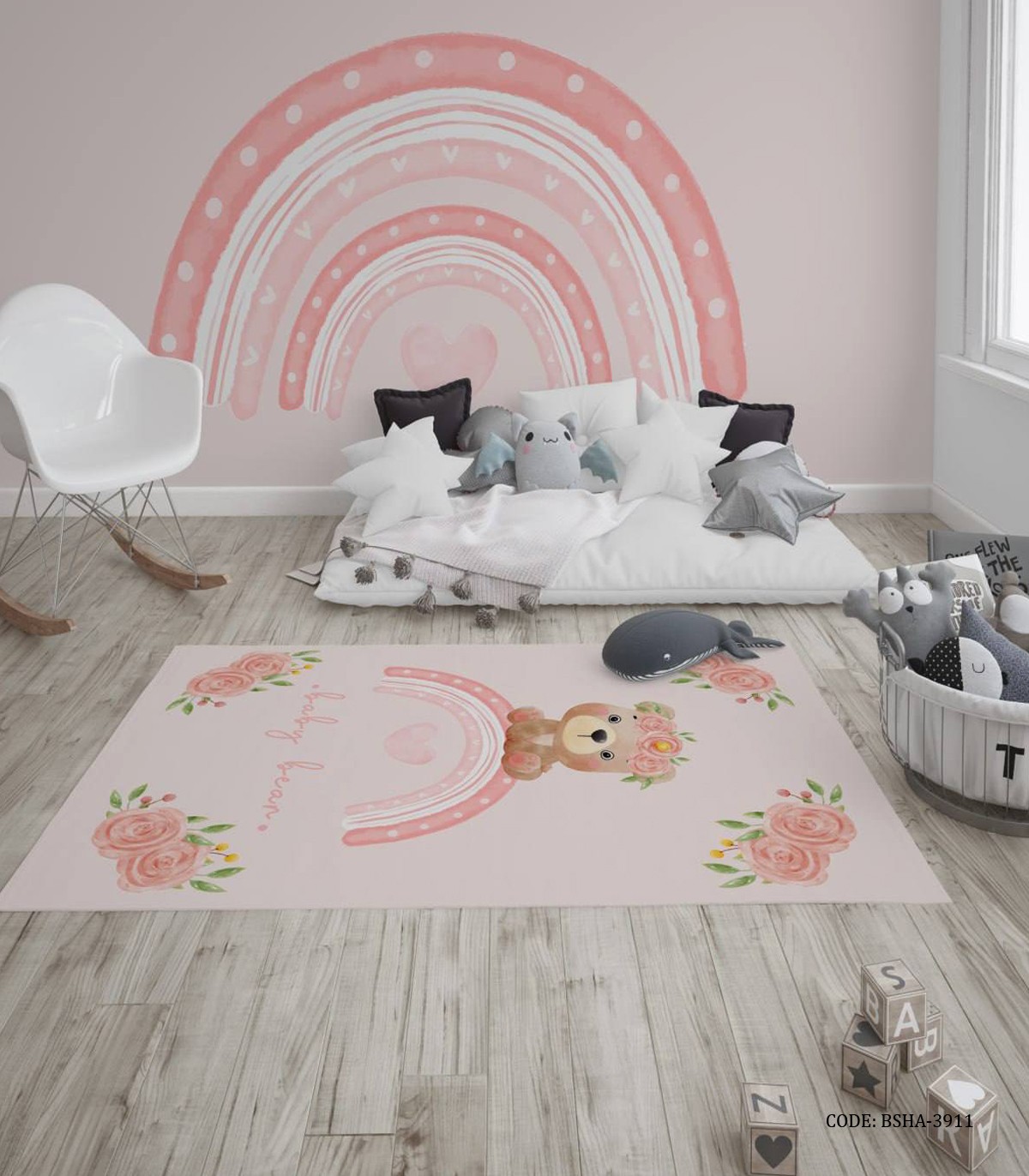 فرش اتاق دخترانه طرح خرس و رنگین کمان مدل Sweet Lady