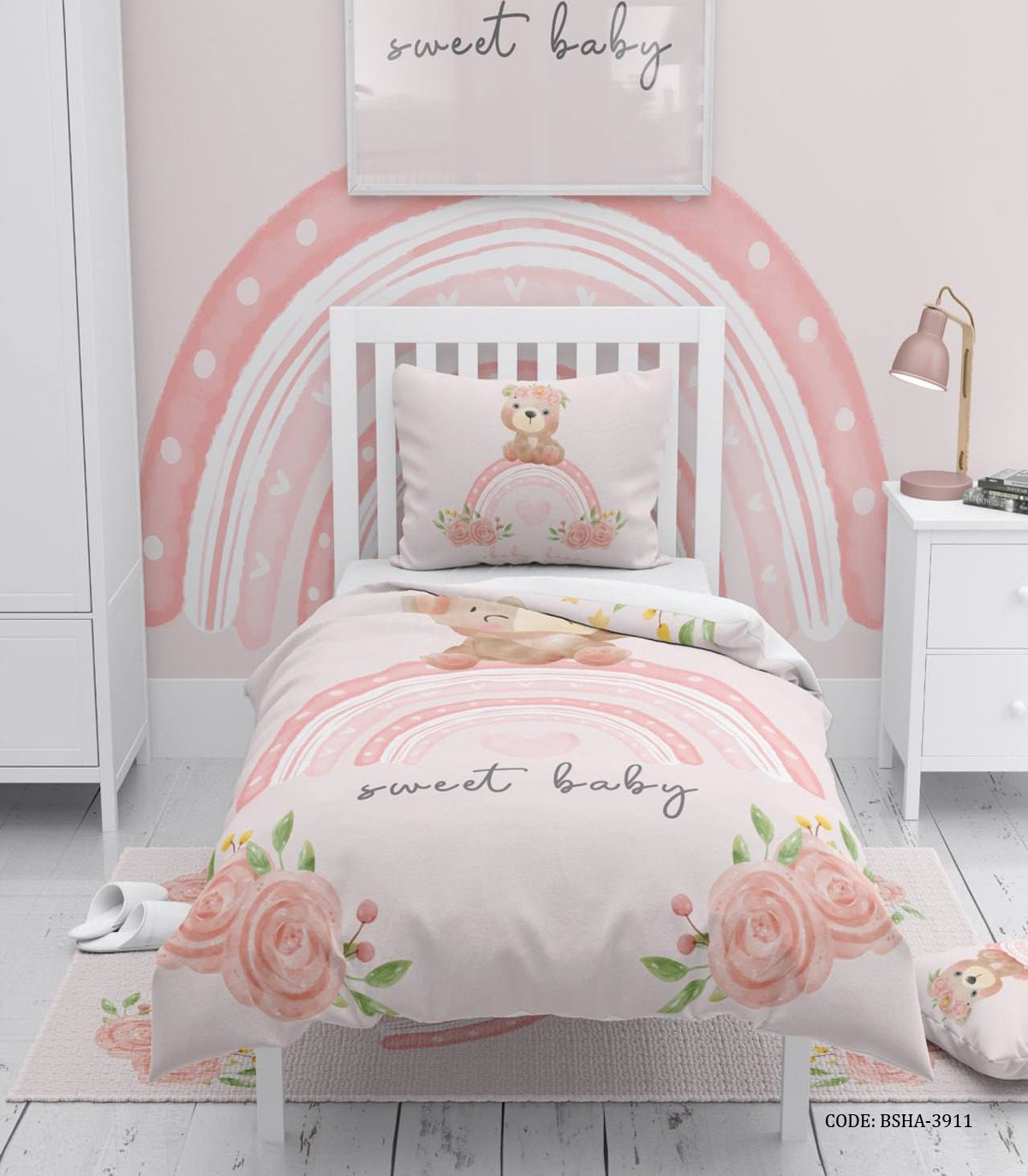 روتختی کودک دخترانه 4 تکه طرح خرس و رنگین کمان مدل Sweet Lady