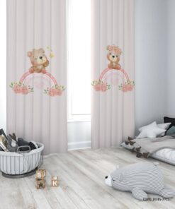 پرده پانچی دو تکه اتاق دخترانه طرح خرس و رنگین کمان مدل Sweet Lady