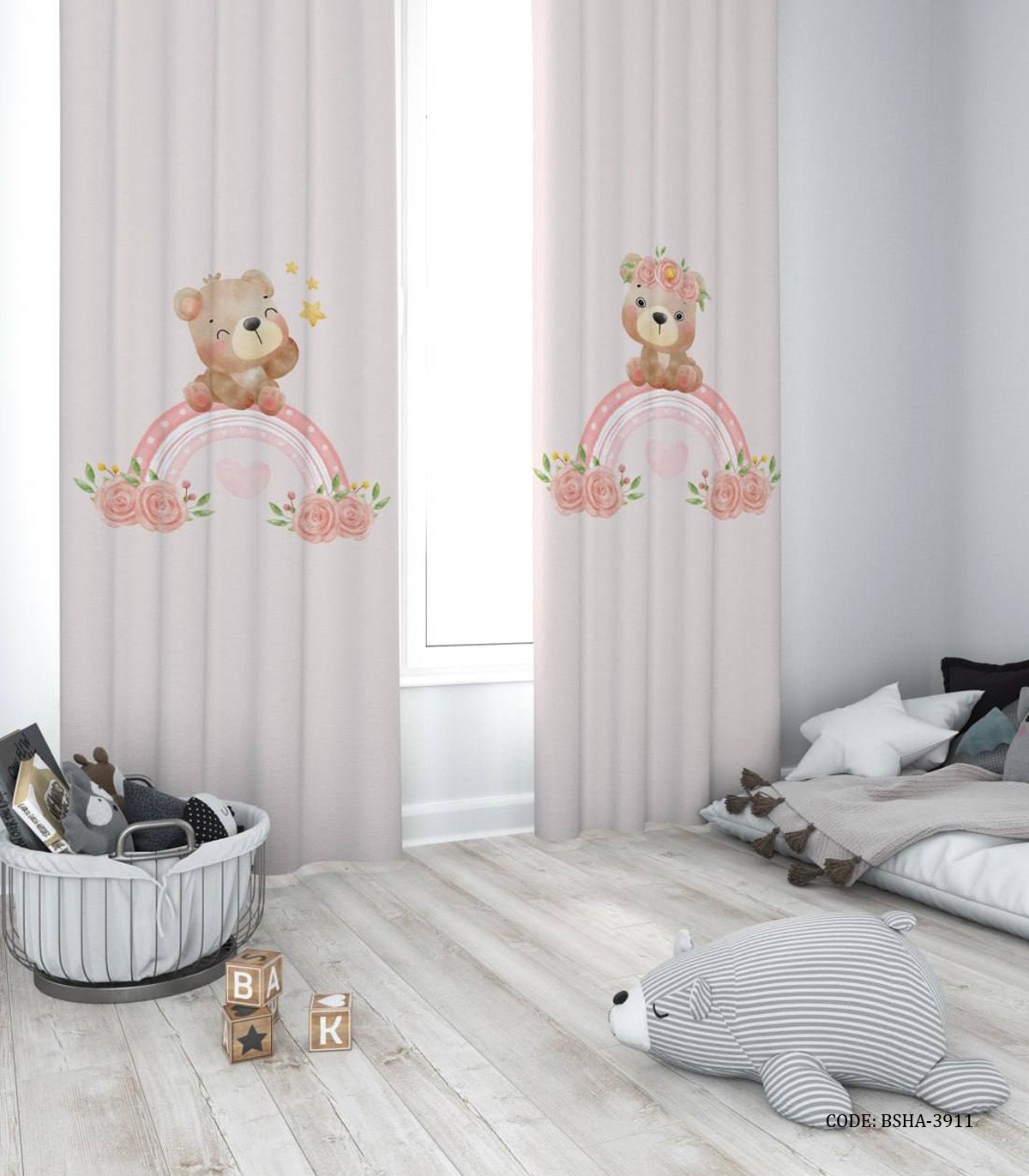 پرده پانچی دو تکه اتاق دخترانه طرح خرس و رنگین کمان مدل Sweet Lady