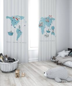 پرده پانچی دو تکه اتاق پسرانه طرح بالون و هواپیما مدل Travel