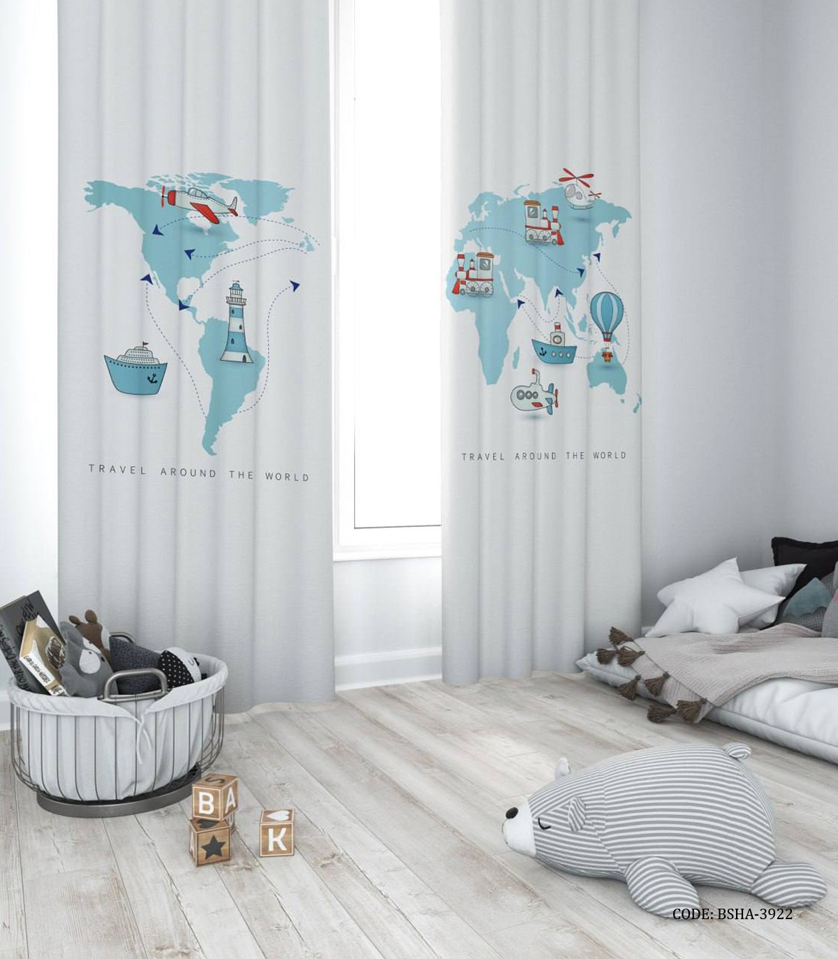 پرده پانچی دو تکه اتاق پسرانه طرح بالون و هواپیما مدل Travel
