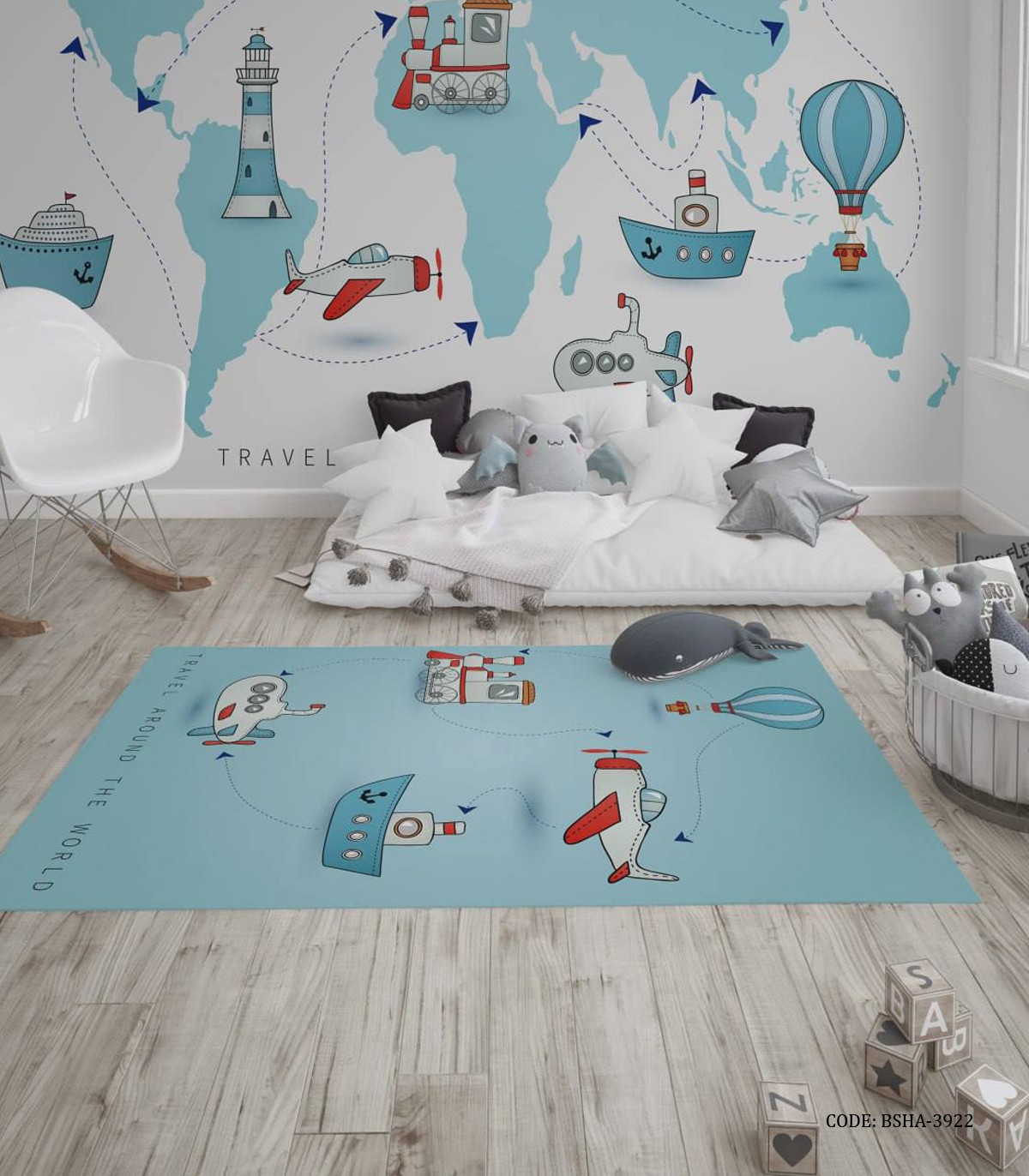 فرش اتاق پسرانه طرح بالون و هواپیما مدل Travel