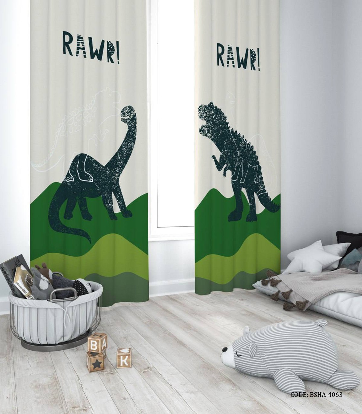 پرده پانچی دو تکه اتاق پسرانه طرح دایناسور مدل Rawr