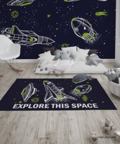 فرش اتاق پسرانه طرح بشقاب پرنده و فضا پیما مدل Explore the Space