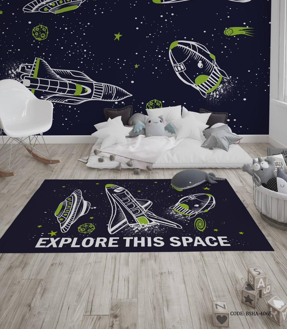 فرش اتاق پسرانه طرح بشقاب پرنده و فضا پیما مدل Explore the Space