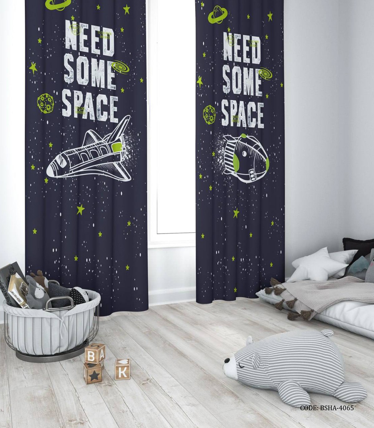 پرده پانچی دو تکه اتاق پسرانه طرح بشقاب پرنده و فضا پیما مدل Explore the Space