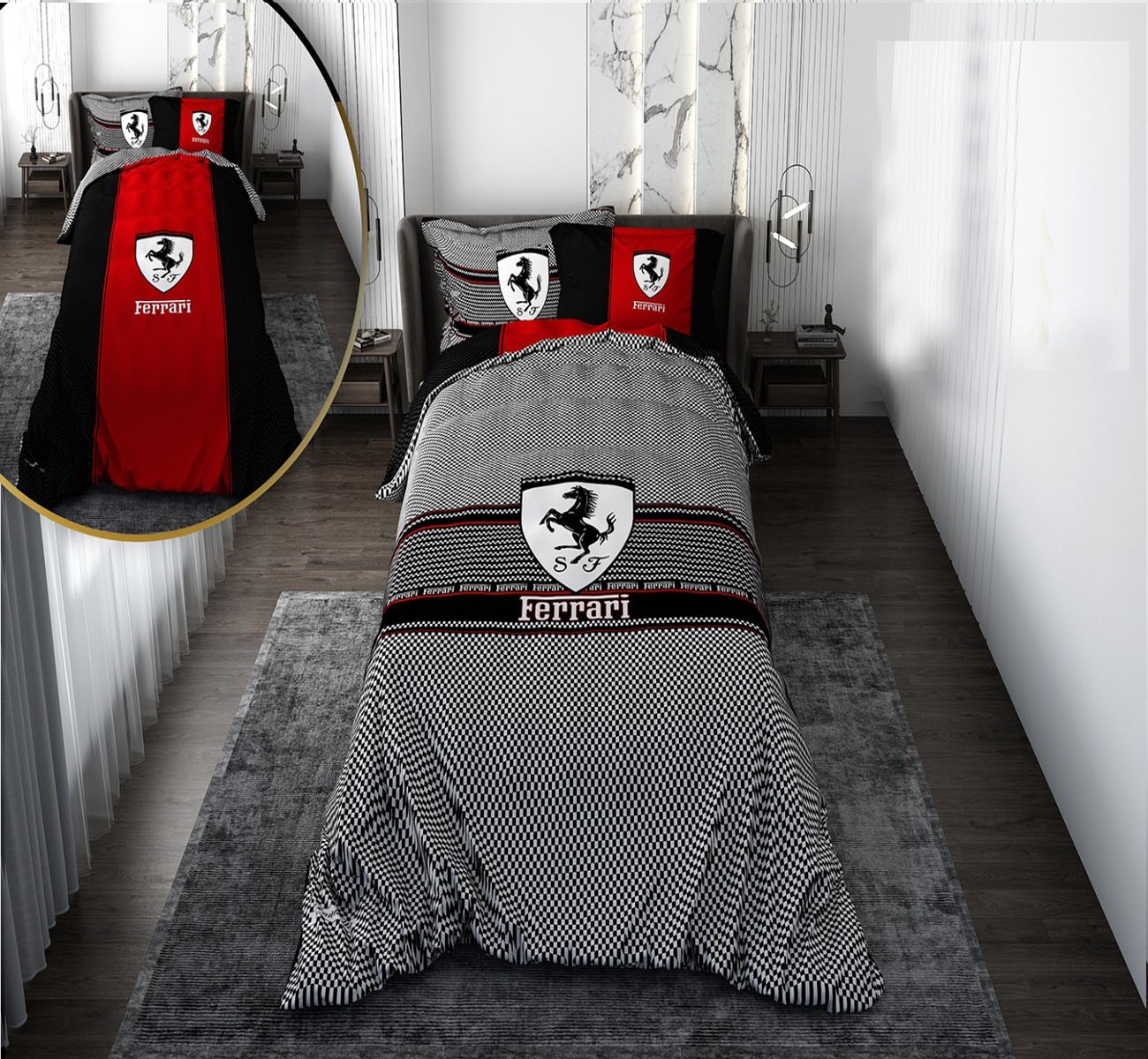 روتختی  پسرانه قرمز مشکی با لحاف دو رویه طرح Ferrari