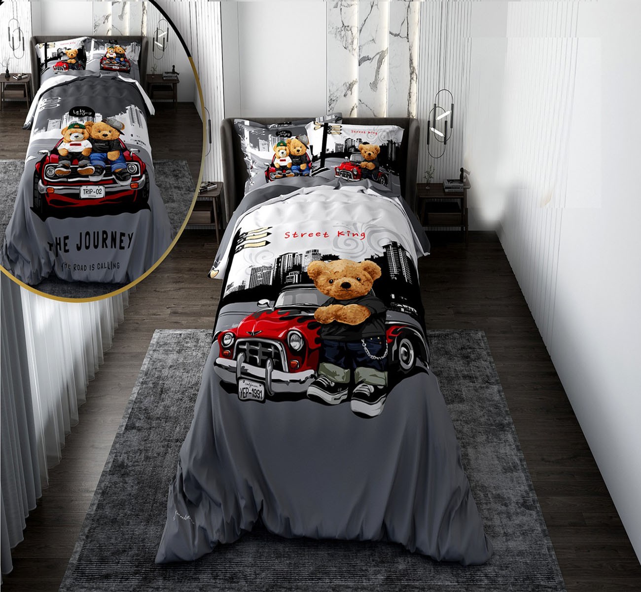 روتختی کودک پسرانه با لحاف دو رویه طرح خرس تدی مدل The Journey