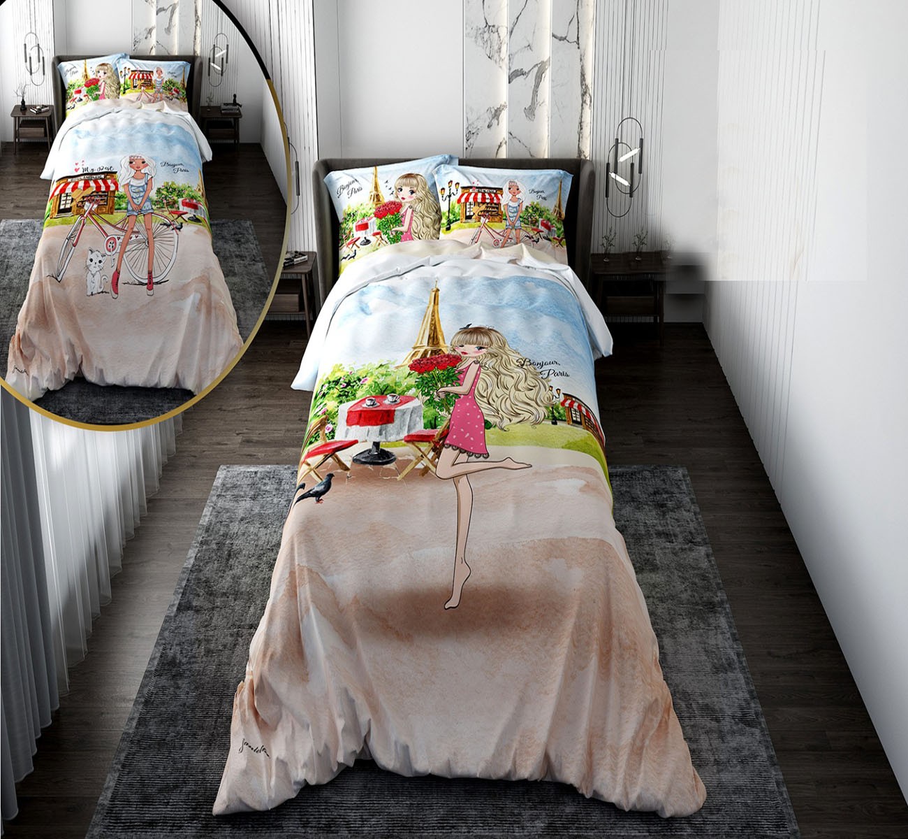 روتختی دخترانه با لحاف دو رویه طرح دختر گل به دست مدل Romantic Day