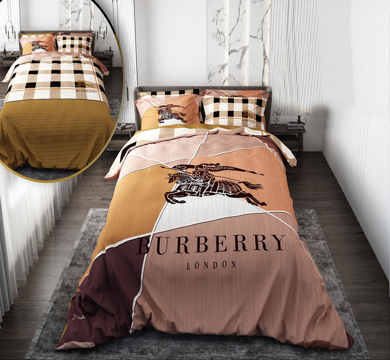 سرویس لحاف روتختی دو نفره دورو طرحدار طرح چهارخونه BURBERRY