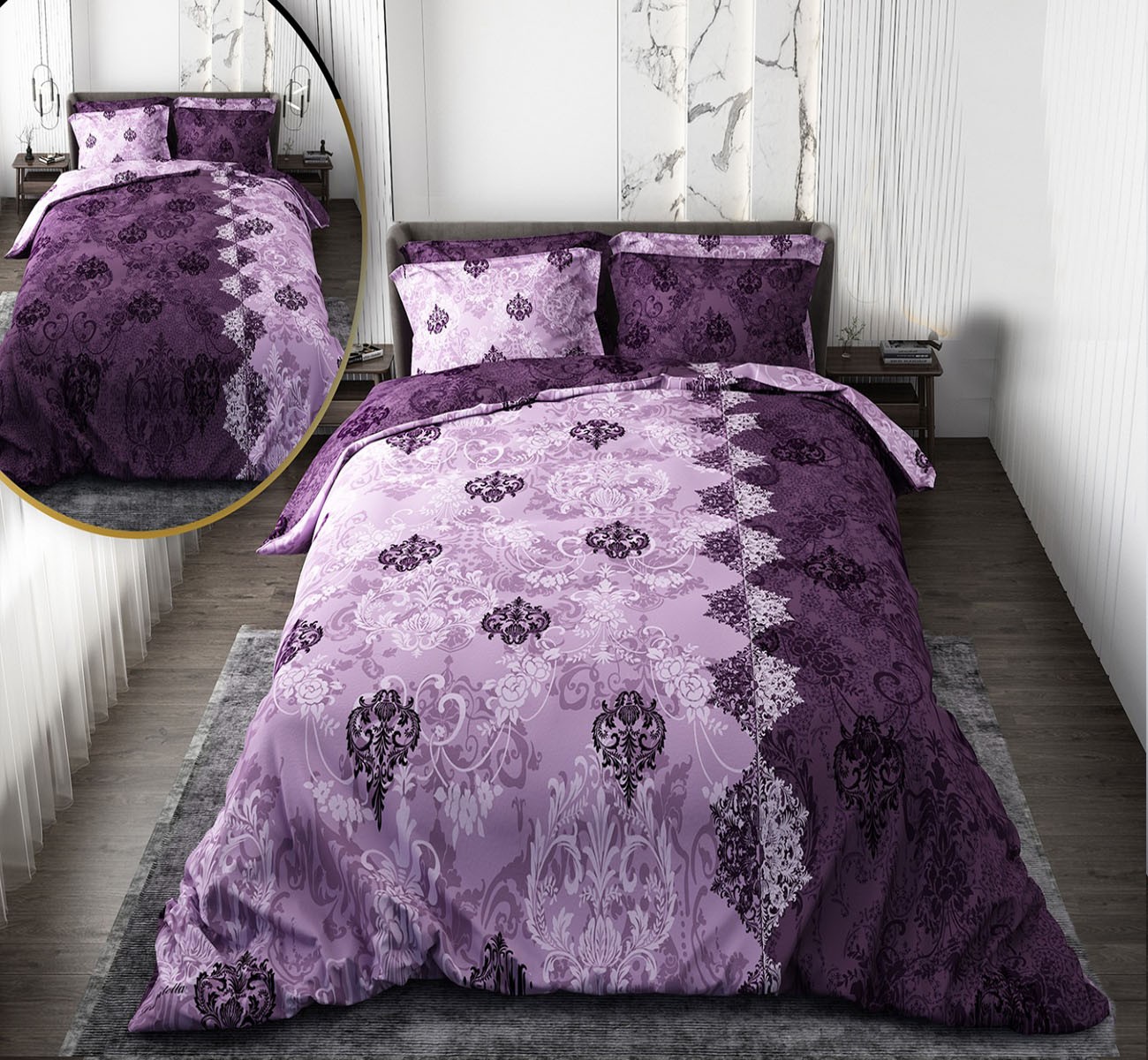 سرویس لحاف روتختی دو نفره دورو طرحدار طرح بنفش یاسی کلاسیک