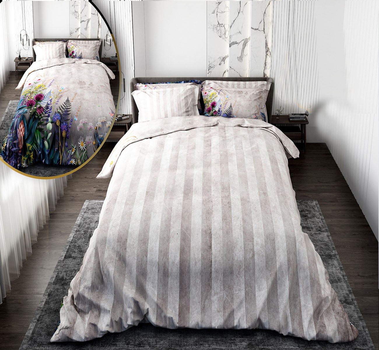 سرویس لحاف روتختی دو نفره دوروی طرح گل و راه راه مدل الا